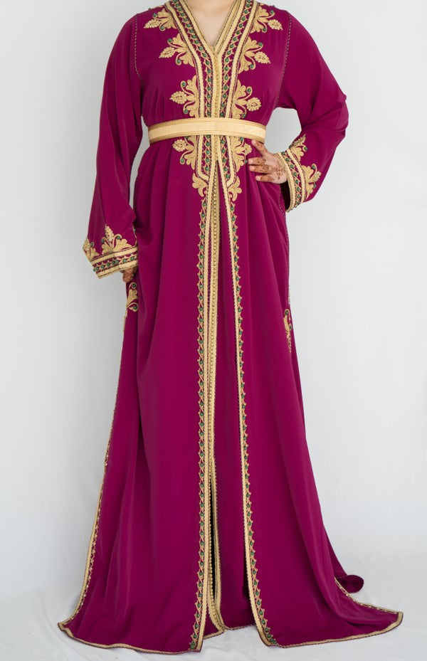 Lebssa Unique Bordeaux Mauve avec Broderie Main Dorée et Verte - Taille: M/L