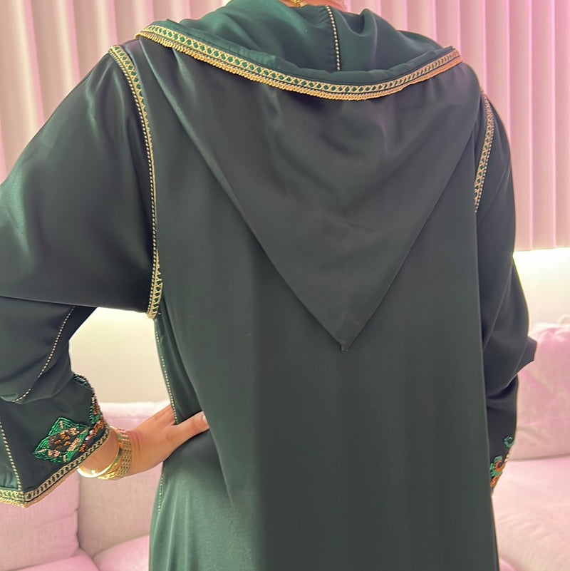 Jellaba Asmae - vert dorée - faite à la main - taille: M/L